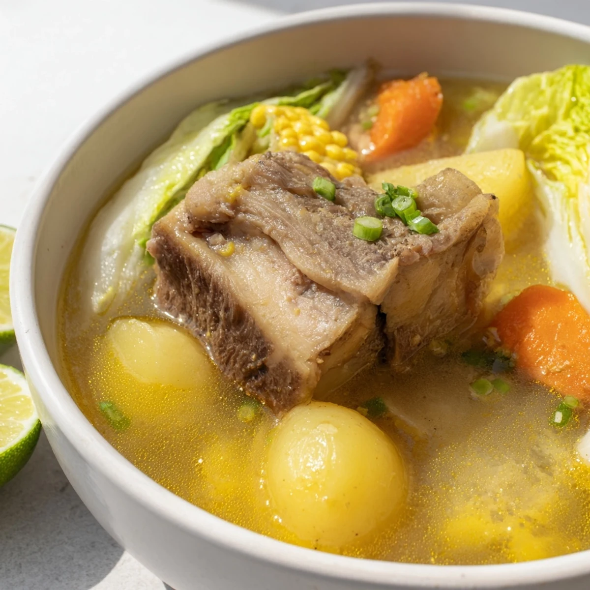 Filipino Bulalo Beef Shank Soup served piping hot with corn, cabbage, and marrow
