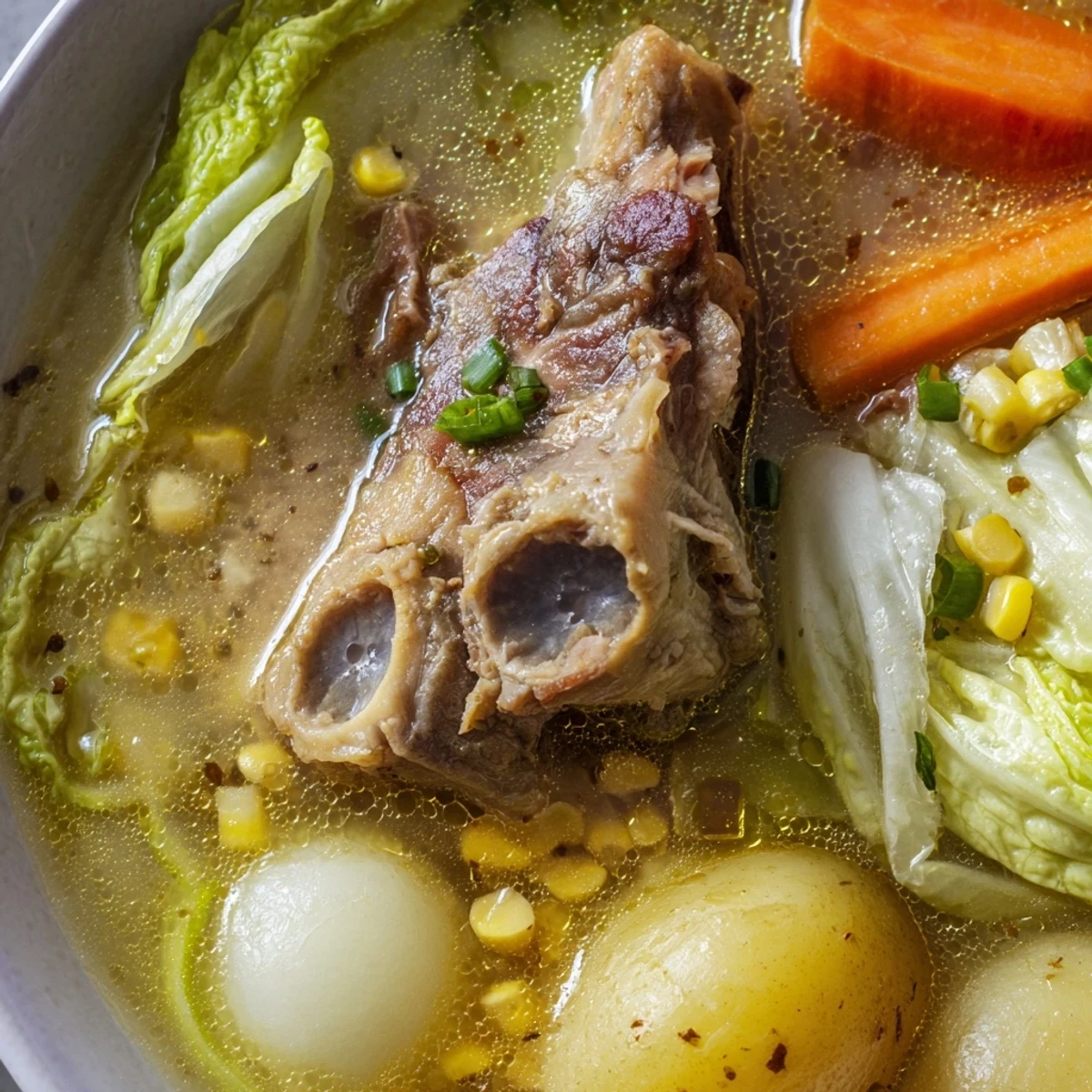 Hearty Filipino Bulalo Beef Shank Soup in rich clear broth topped with scallions
