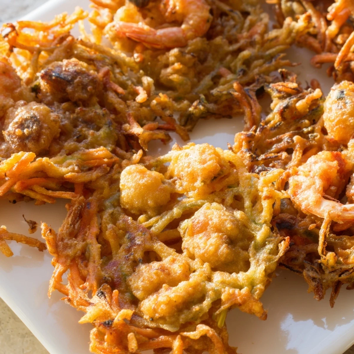 Crispy golden Ukoy Filipino shrimp fritters topped with vibrant vegetables and served on a white plate