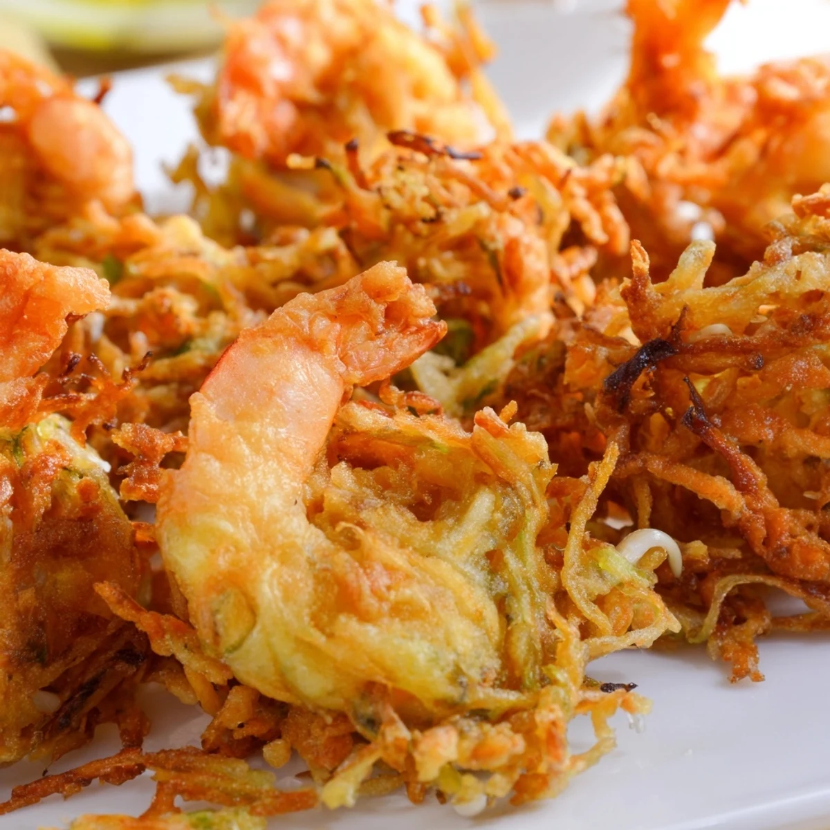 Ukoy Filipino shrimp fritters frying to perfection in hot oil with julienned carrots and bean sprouts
