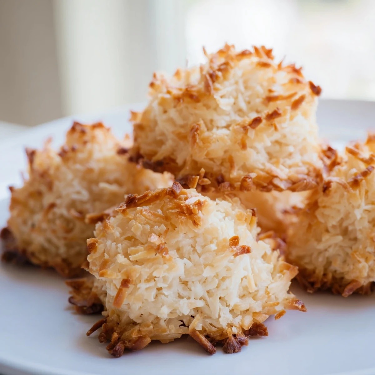 Golden coconut macaroons with crispy edges and chewy centers arranged on a rustic white serving plate