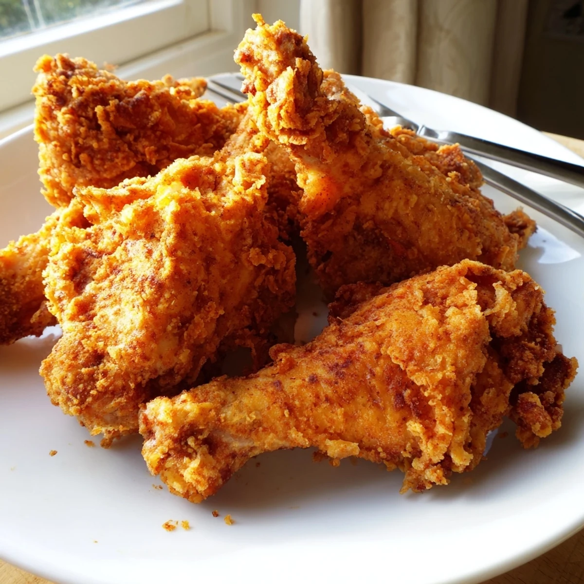 Golden-fried chicken served steaming hot on a rustic plate with herbs