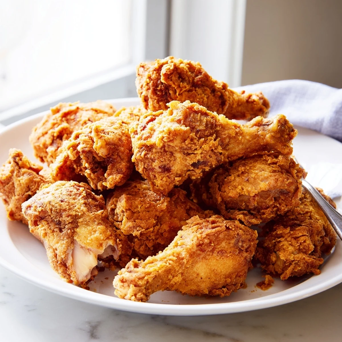 Crispy fried chicken pieces with golden, crunchy coating and juicy tender meat inside