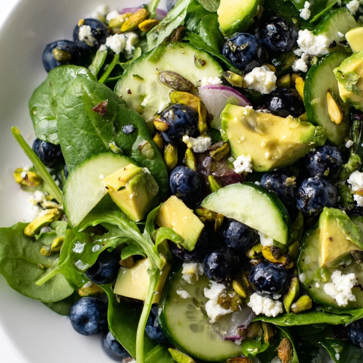Blueberry Pistachio Spring Salad topped with crumbled feta and creamy avocado chunks