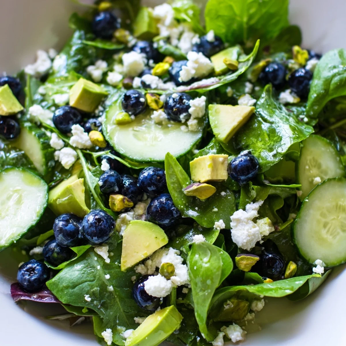 Fresh Blueberry Pistachio Spring Salad in a white bowl drizzled with tangy lemon dressing