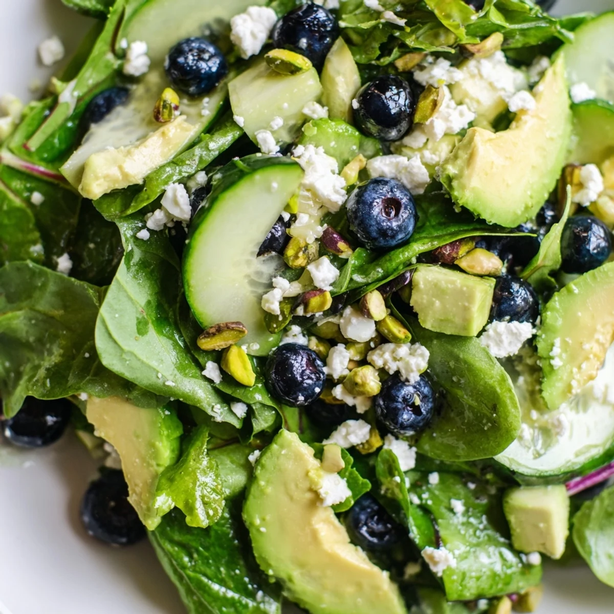 Crisp spring greens loaded with juicy blueberries and crunchy pistachios in this refreshing salad