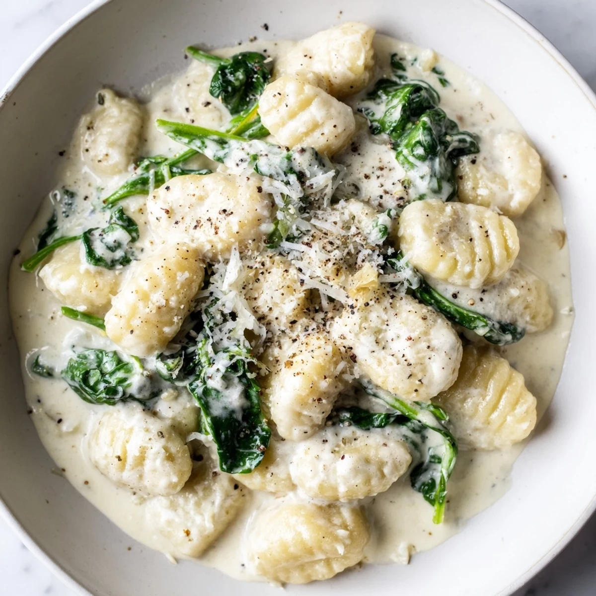 Soft pillowy gnocchi with spinach and feta swimming in rich creamy white sauce