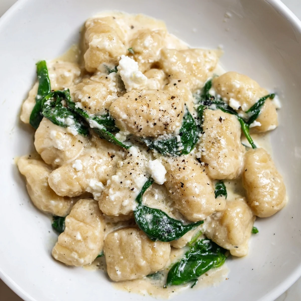 Creamy gnocchi with spinach and feta topped with crumbled cheese in white skillet