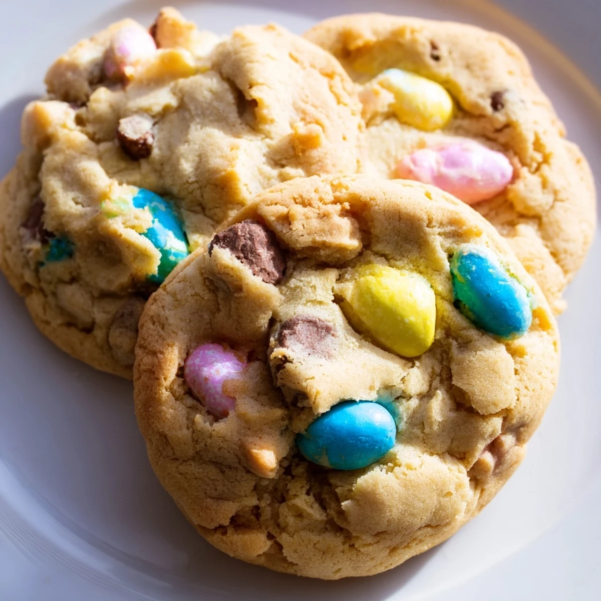 Soft Cadbury Egg Cookies with colorful candy pieces piled on a rustic white plate