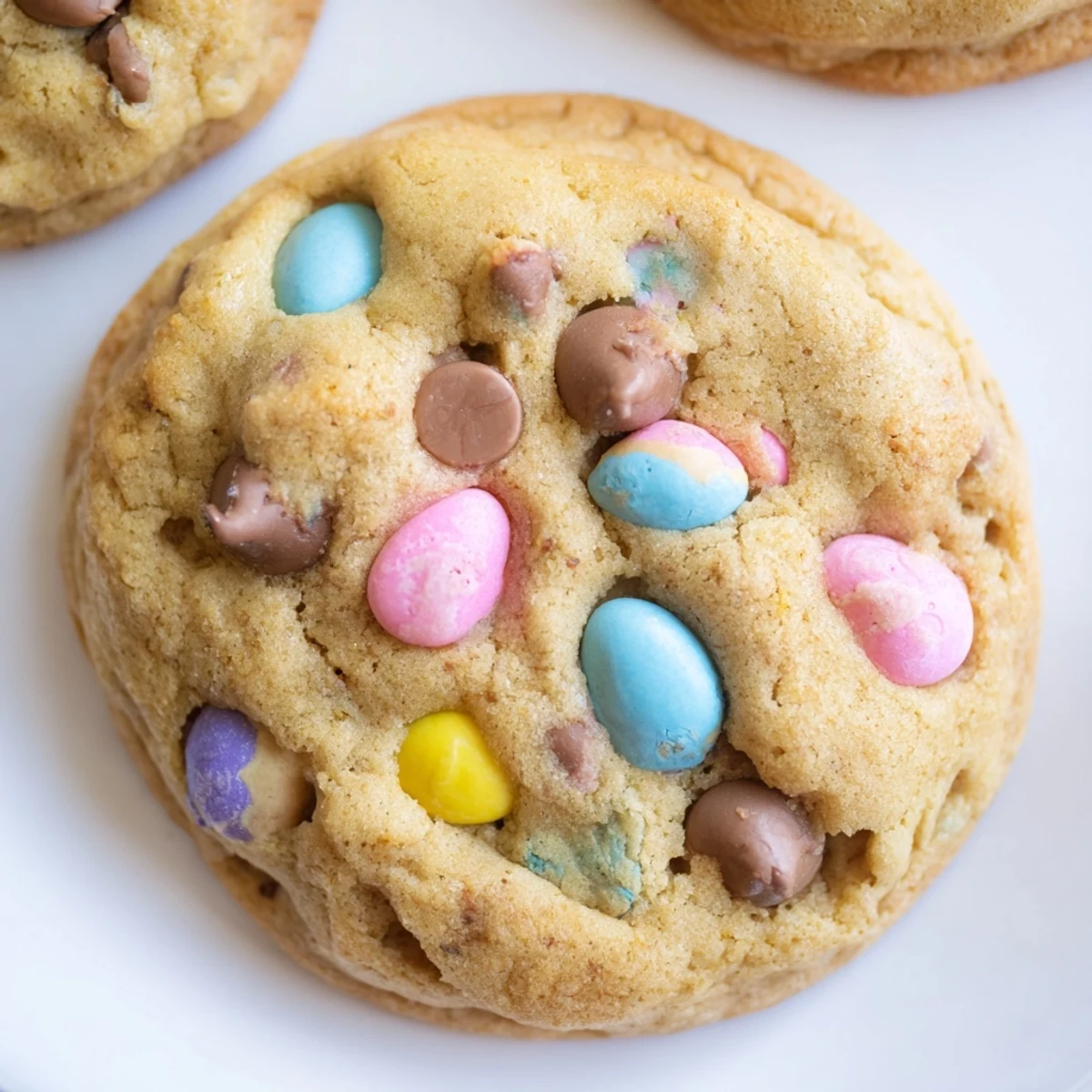 Chewy Cadbury Egg Cookies studded with chocolate chips and pastel mini eggs close-up