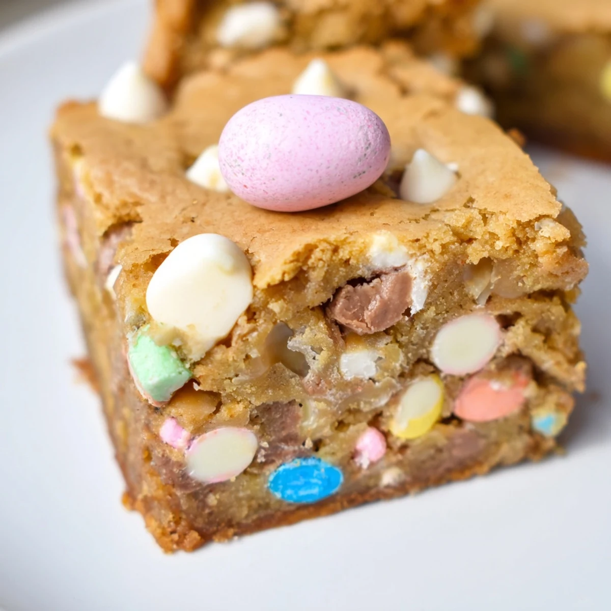 Golden Mini Cadbury Easter Egg Blondies with colorful candy pieces scattered on top
