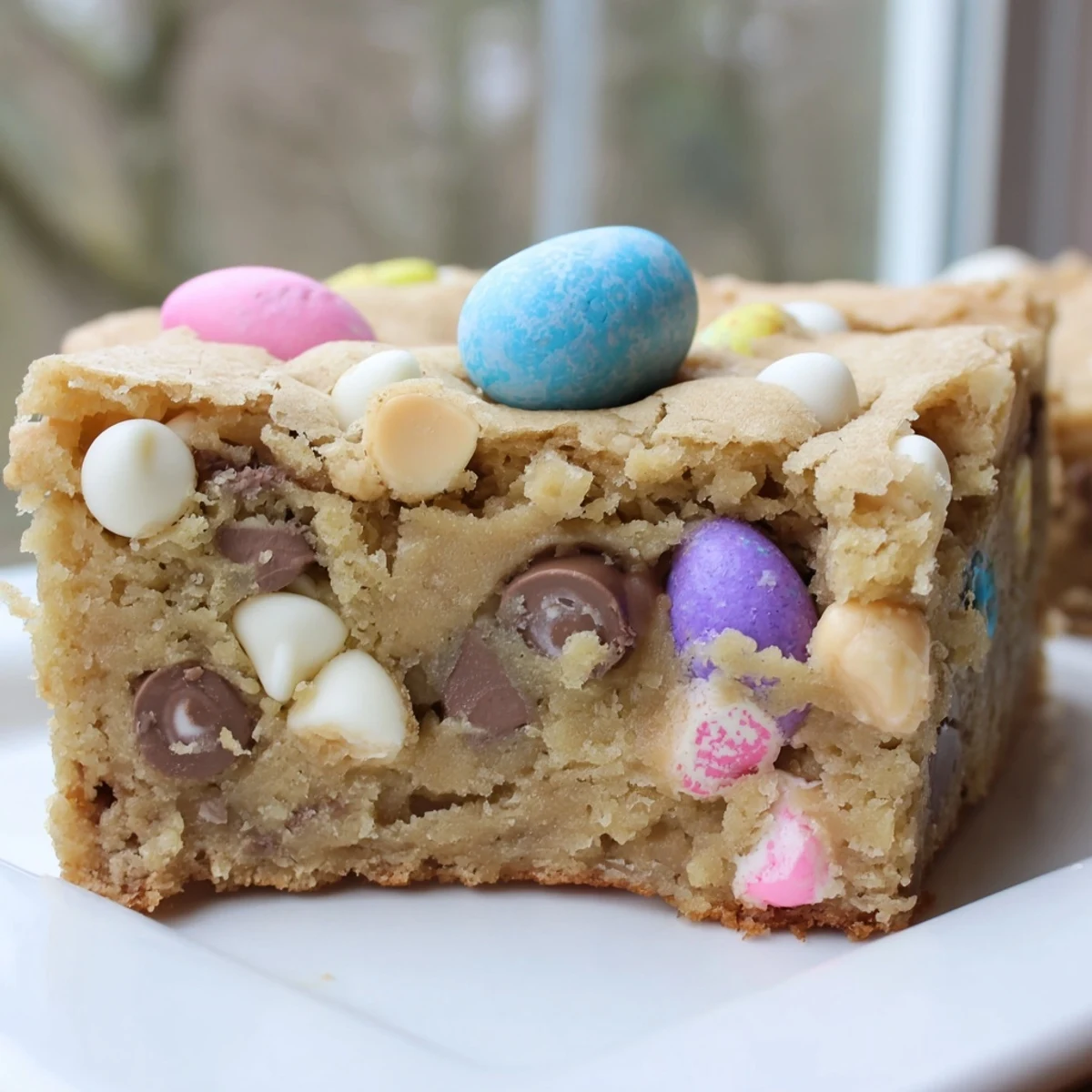 Chewy Mini Cadbury Easter Egg Blondies cut into squares showing gooey chocolate-filled centers