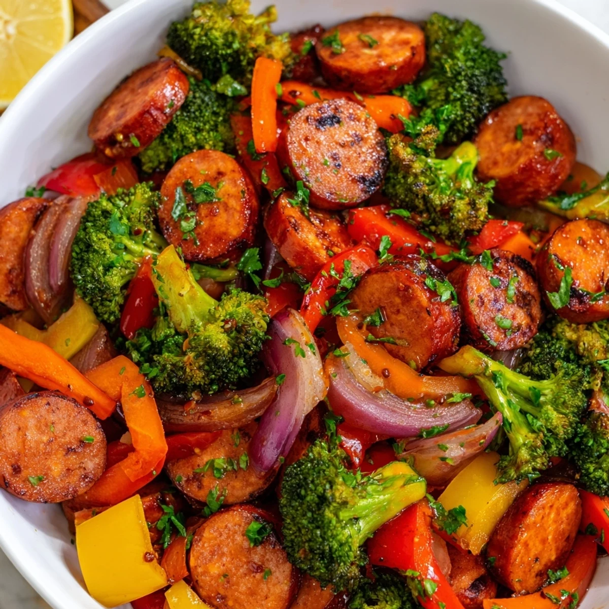 Golden honey garlic kielbasa roasted with colorful vegetables on a sheet pan