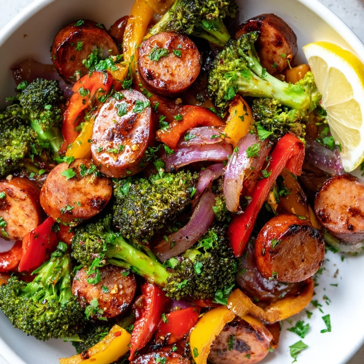 Sliced kielbasa and crisp tender veggies glazed with sweet sticky honey garlic sauce