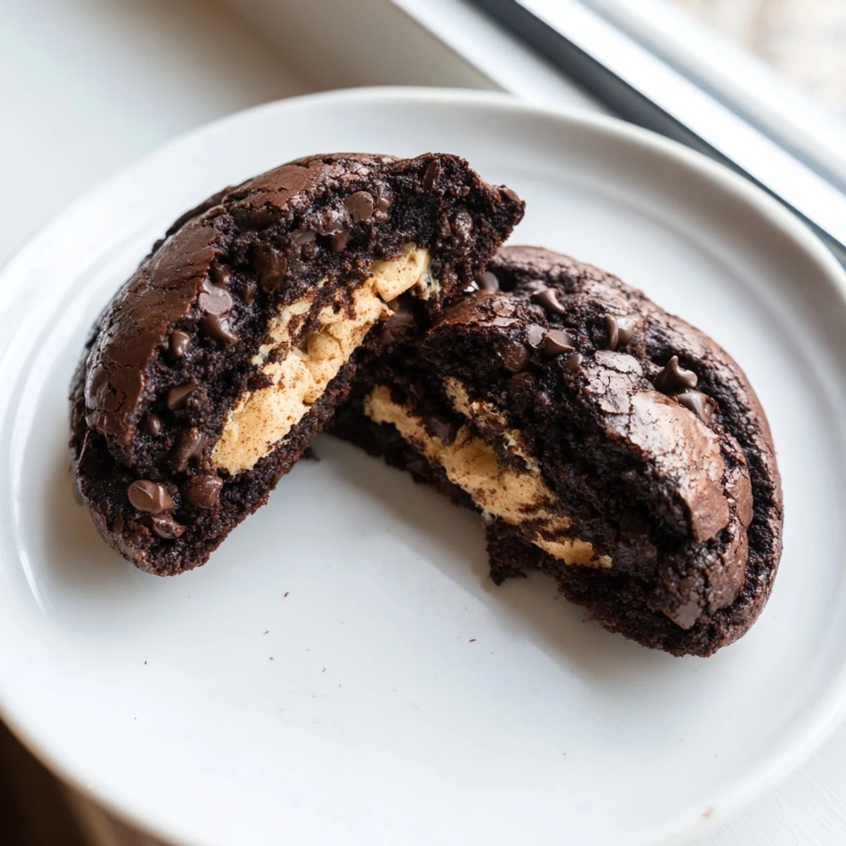 Fudgy brownie cookies stuffed with cookie dough displayed on a rustic wooden cutting board