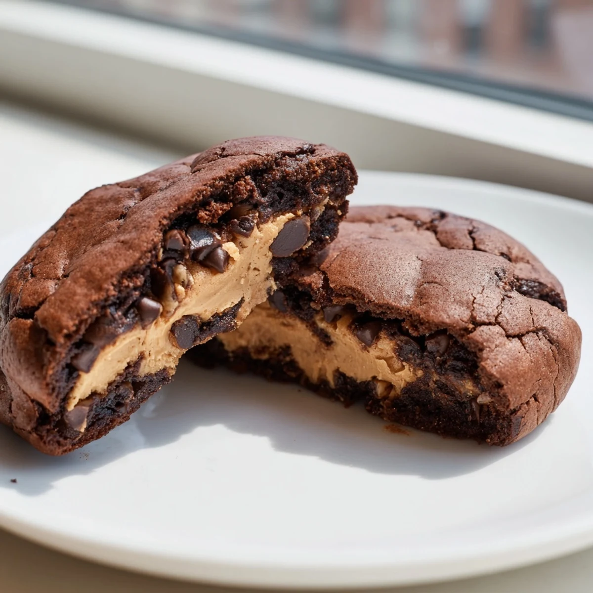 Crackly topped fudgy brownie cookies stuffed with cookie dough broken open to reveal filling
