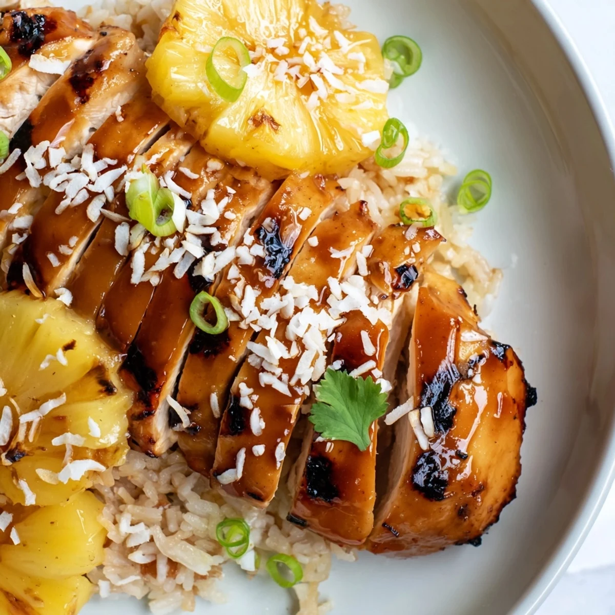 Hawaiian Chicken Coconut Rice plated with caramelized chicken and fresh pineapple chunks on top