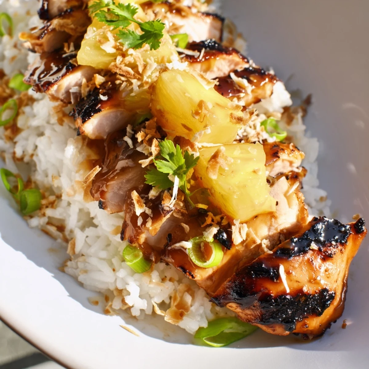 Grilled Hawaiian Chicken Coconut Rice garnished with sesame seeds and green onions in a bowl