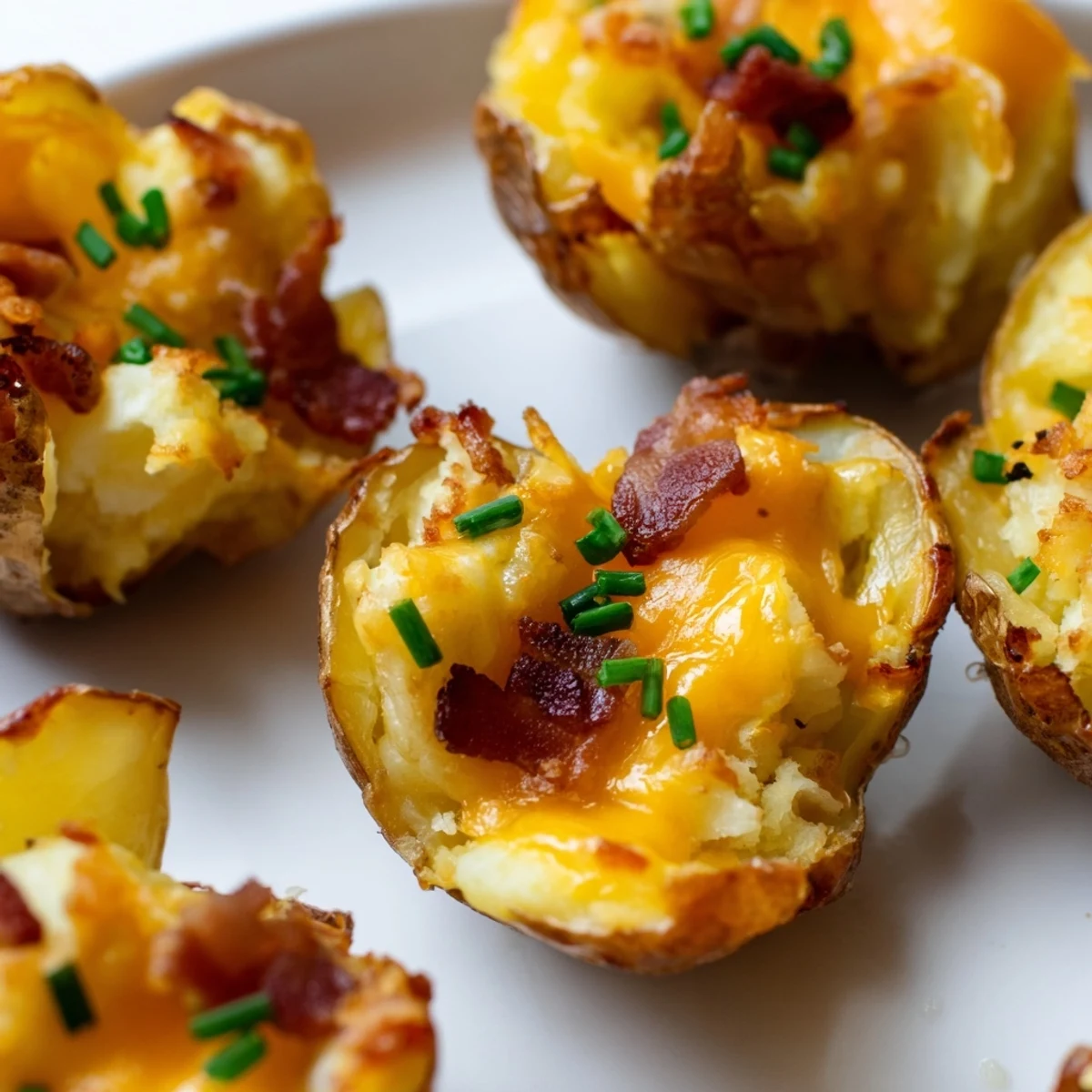 Golden Irish Potato Bites topped with melted cheddar and fresh chives on rustic parchment