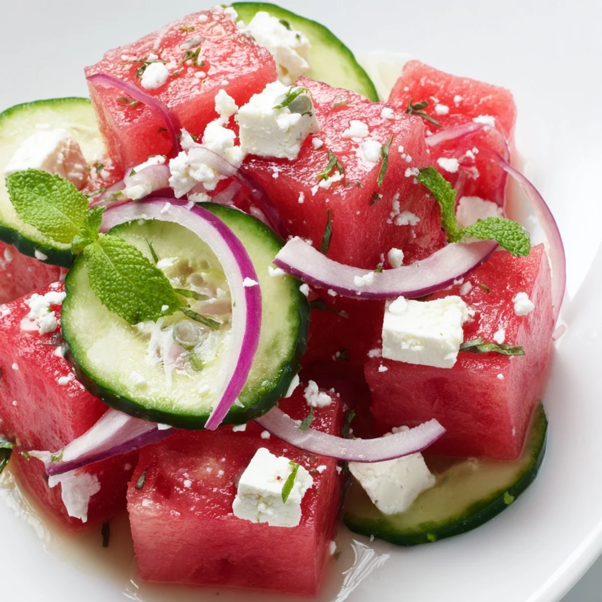 Watermelon Feta Salad in a white bowl with crumbled cheese and fresh mint leaves