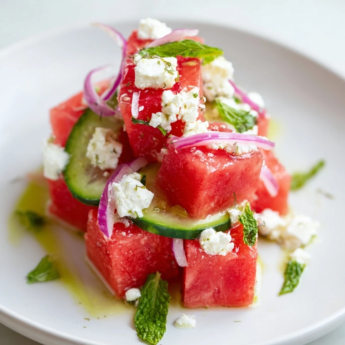 Cubed watermelon and cucumber tossed with tangy feta in Watermelon Feta Salad