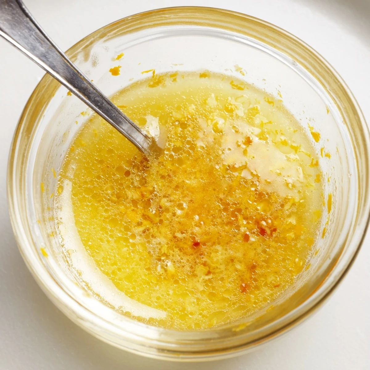 Golden citrus vinaigrette emulsified in a glass jar ready for drizzling over fresh salads