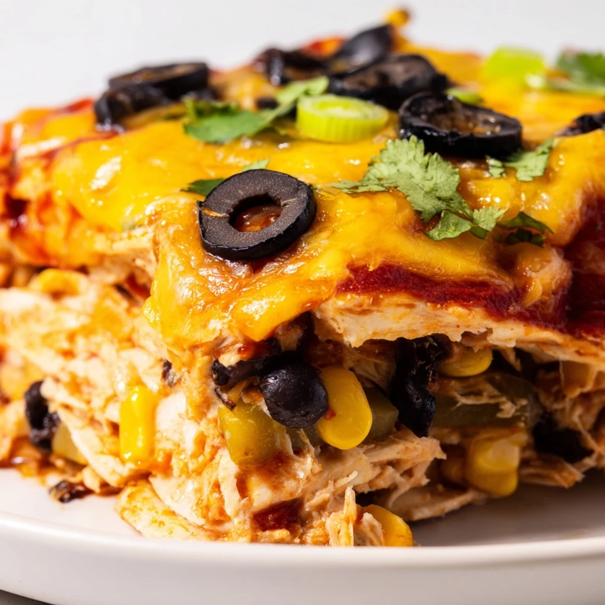 Golden melted cheese tops this cheesy shredded chicken enchilada bake with colorful garnishes