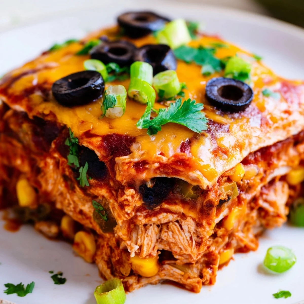 Bubbling casserole dish of cheesy shredded chicken enchilada bake with beans and corn