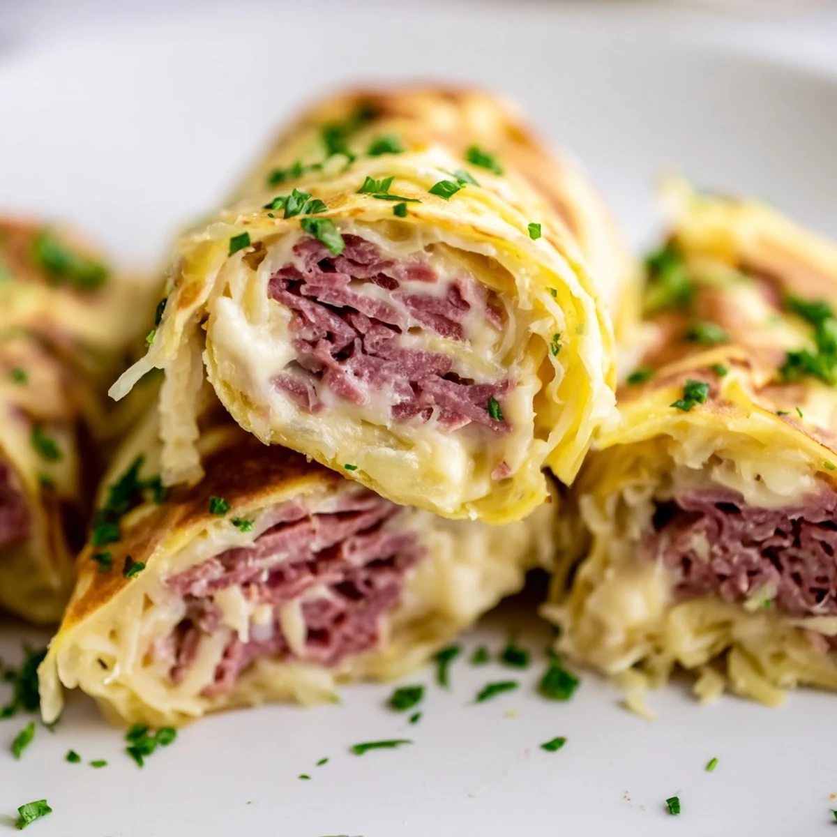Golden Low Carb Reuben Egg Roll Ups filled with corned beef and melted Swiss cheese