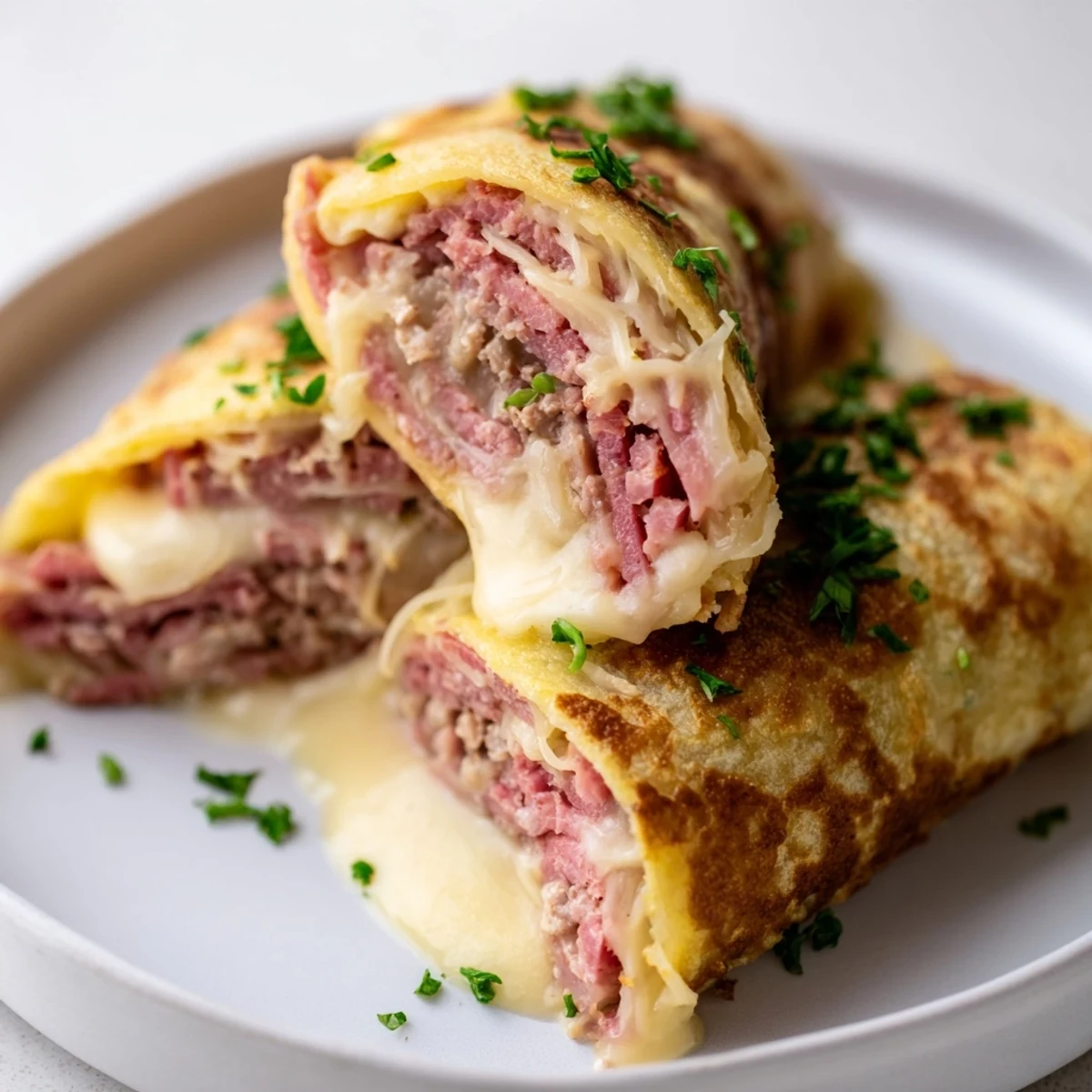 Tender egg-wrapped Low Carb Reuben Egg Roll Ups with tangy sauerkraut and creamy dressing