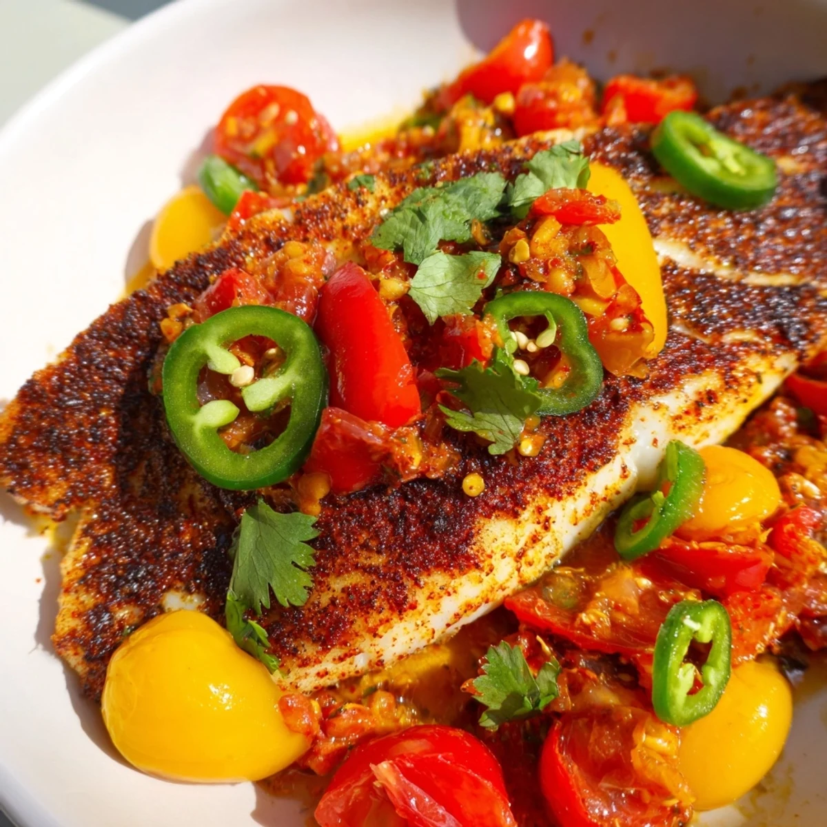 Spicy roasted pepper tilapia skillet with tender fish nestled in colorful bell peppers