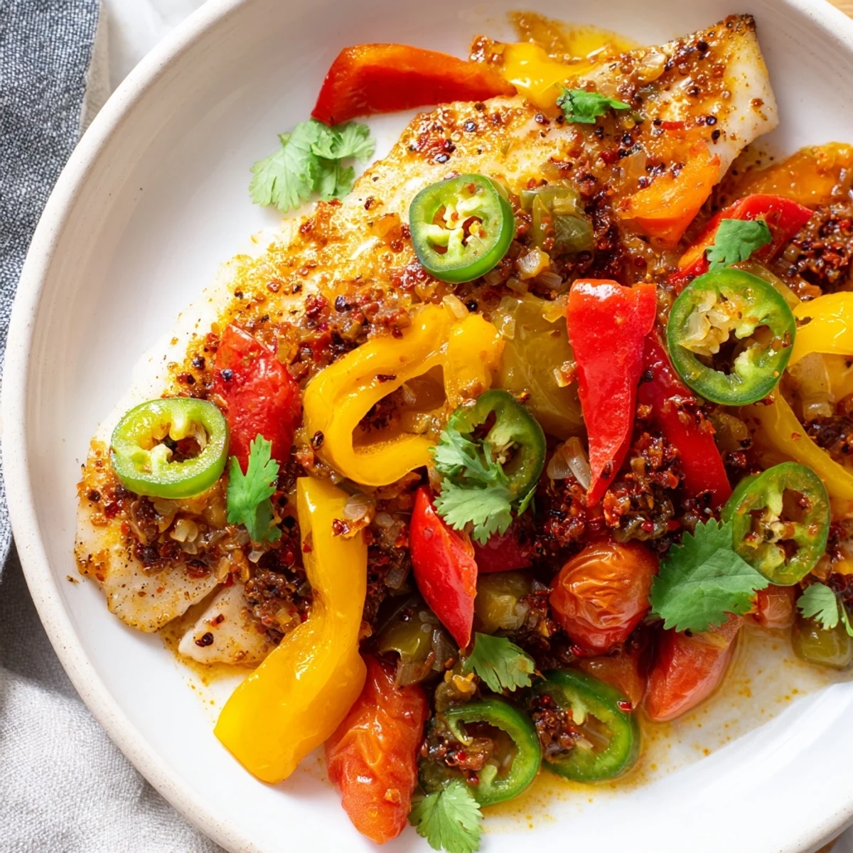 Golden seared tilapia fillets swimming in smoky tomato and roasted pepper sauce