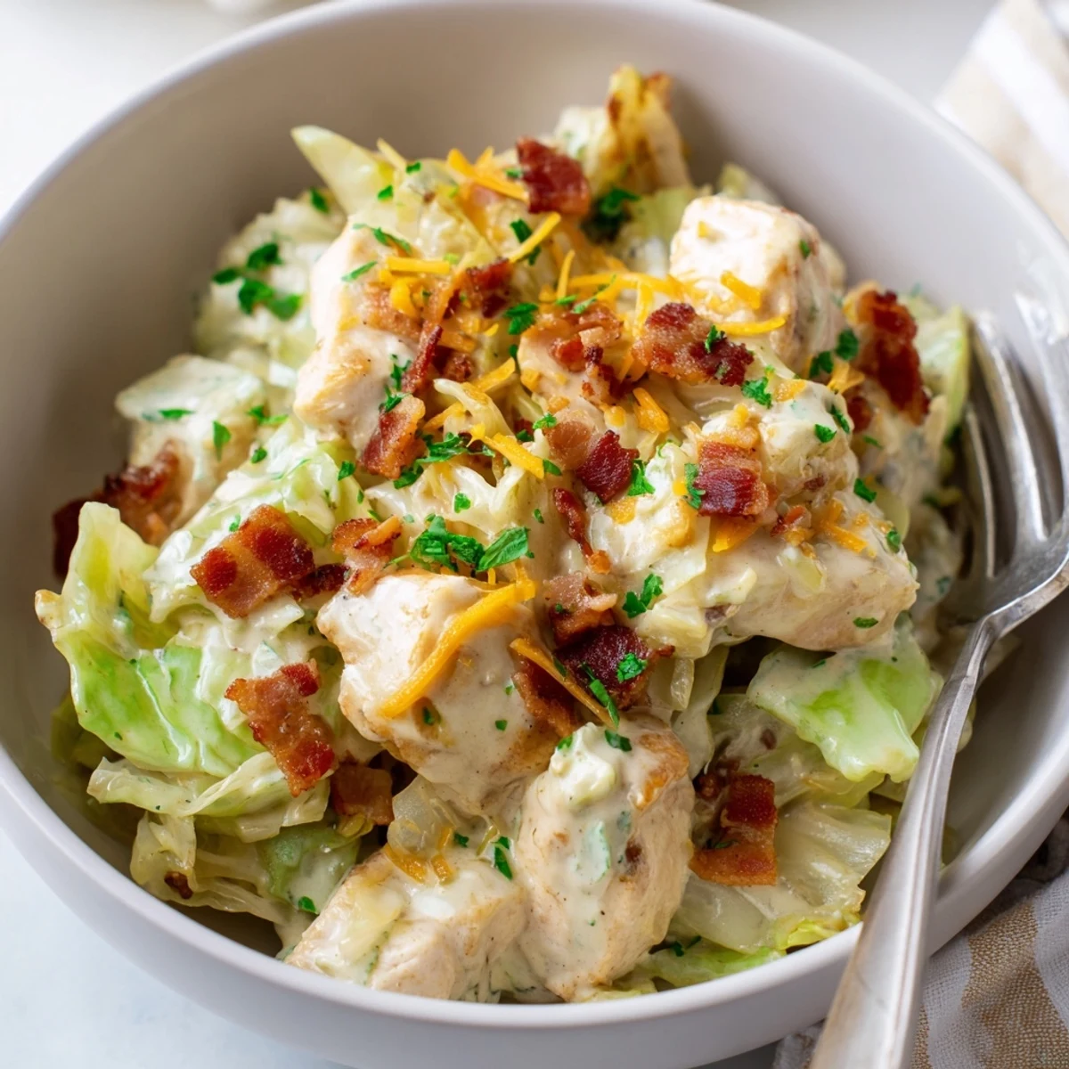 Creamy chicken bacon ranch cabbage bowls topped with crispy bacon and fresh green onions