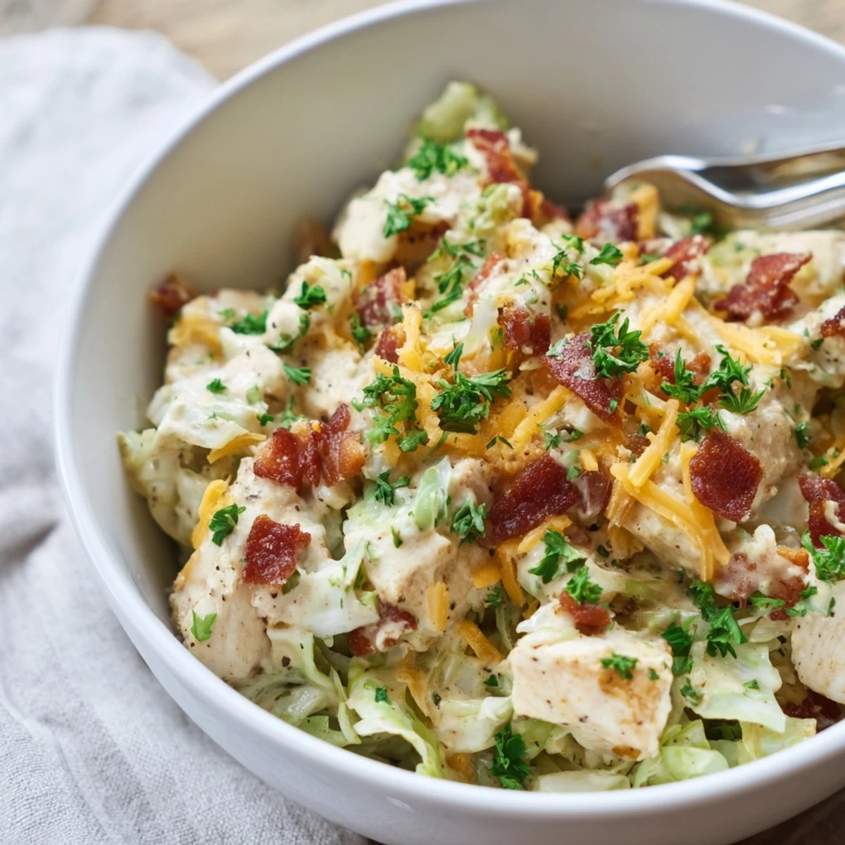 Tender chicken and crunchy cabbage coated in creamy ranch sauce in a rustic bowl