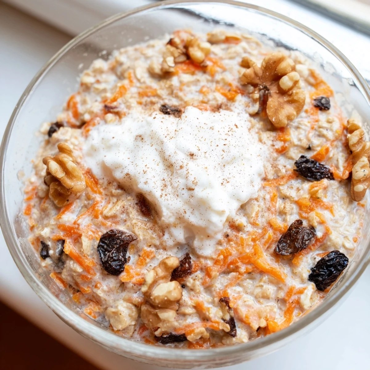 Creamy carrot cake overnight oats topped with crushed walnuts and a cinnamon sprinkle
