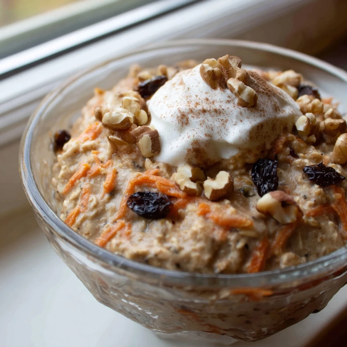 Golden spoonfuls of carrot cake overnight oats garnished with pecans and extra yogurt