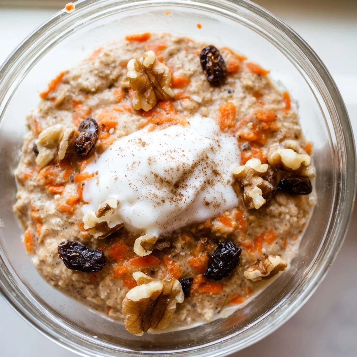 Thick spiced carrot cake overnight oats in a mason jar with raisins visible