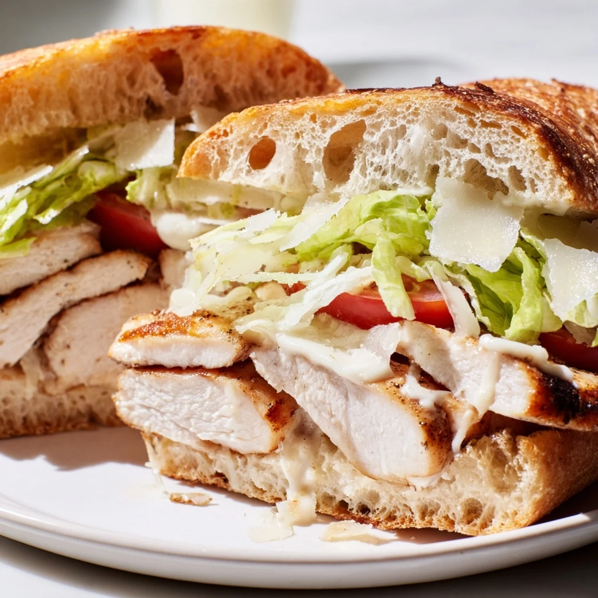 Golden toasted ciabatta rolls filled with sliced grilled chicken Caesar sandwich and crisp romaine lettuce