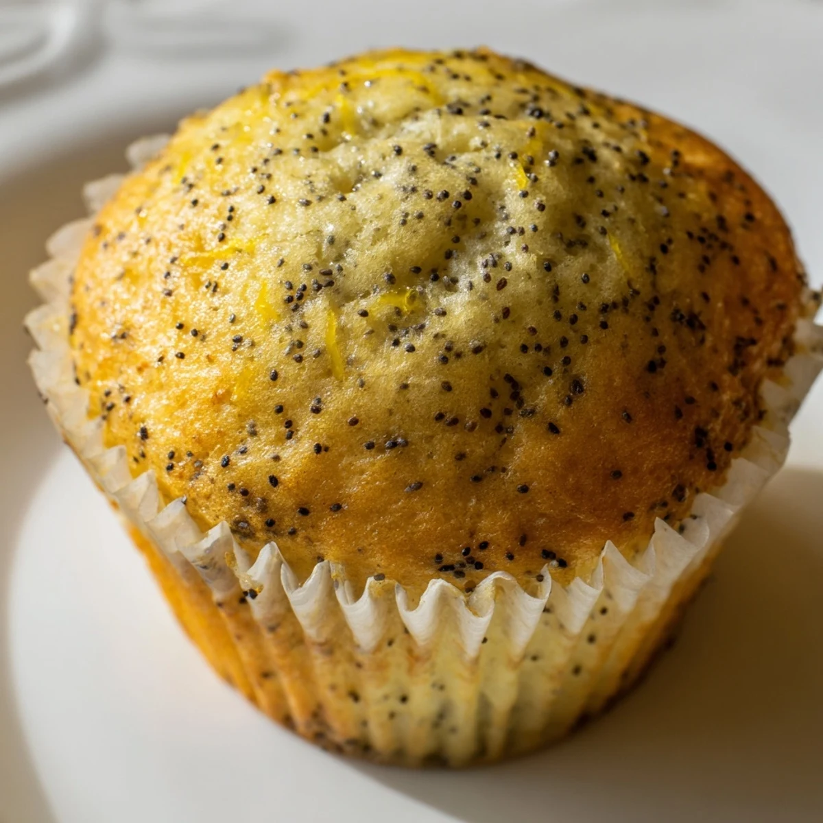 Golden lemon poppy seed muffins with domed tops fresh from the oven on a wire cooling rack.