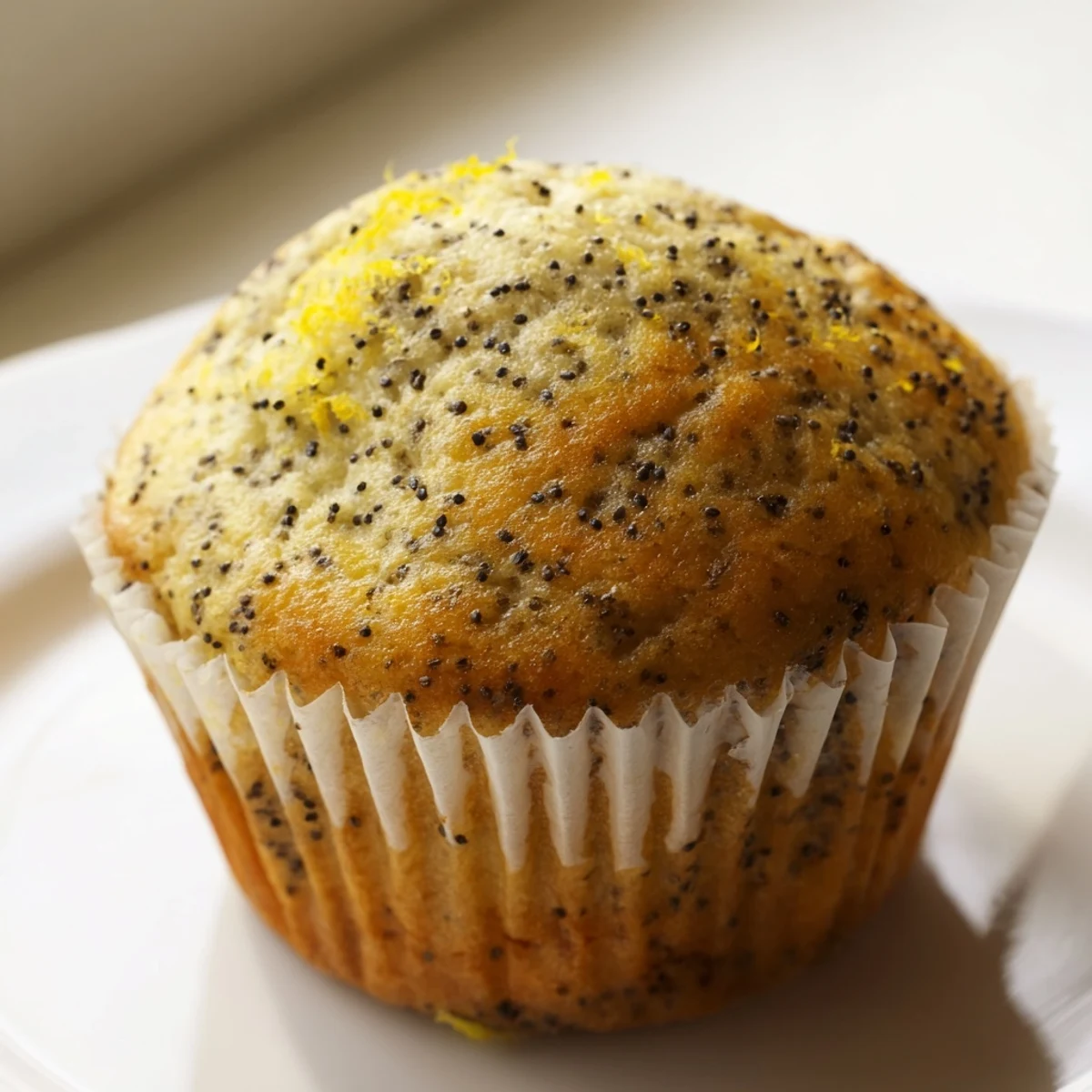 Moist lemon poppy seed muffins studded with speckled seeds beside a bowl of bright lemon zest.
