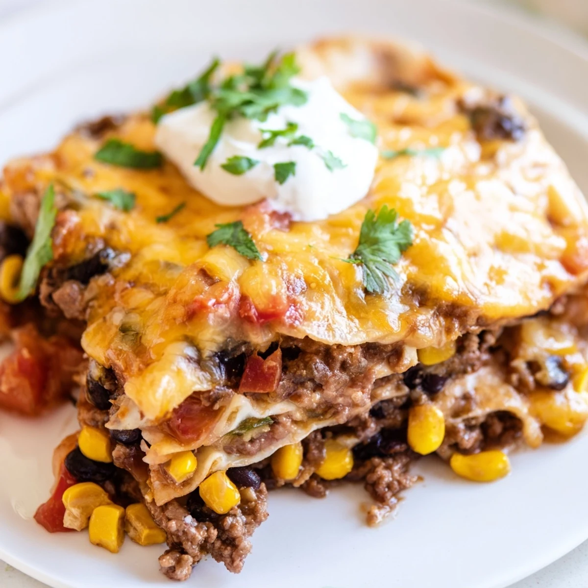 Golden Mexican lasagna with melted cheese and fresh cilantro garnish on a white plate