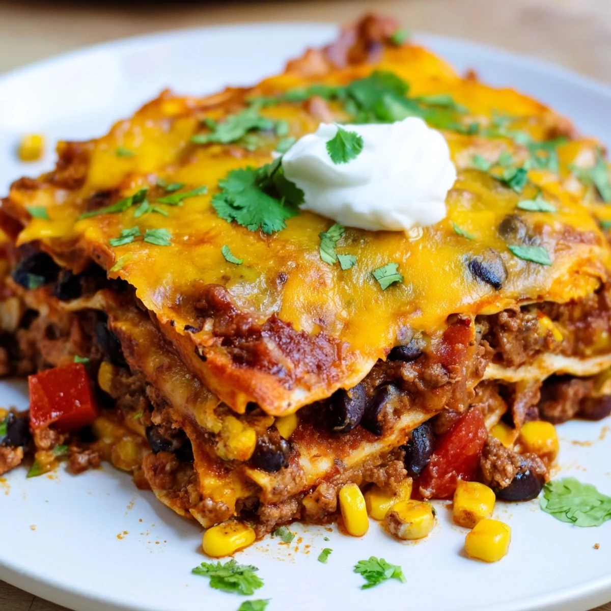Bubbling Mexican lasagna fresh from the oven with gooey cheese and seasoned beef layers