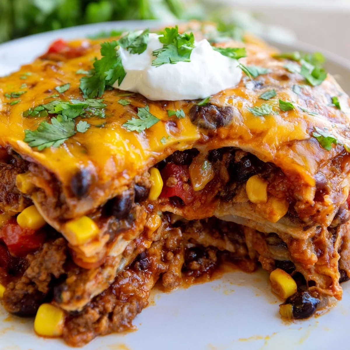 Hearty Mexican lasagna slice showcasing layered tortillas, spicy ground beef, and melted cheddar blend