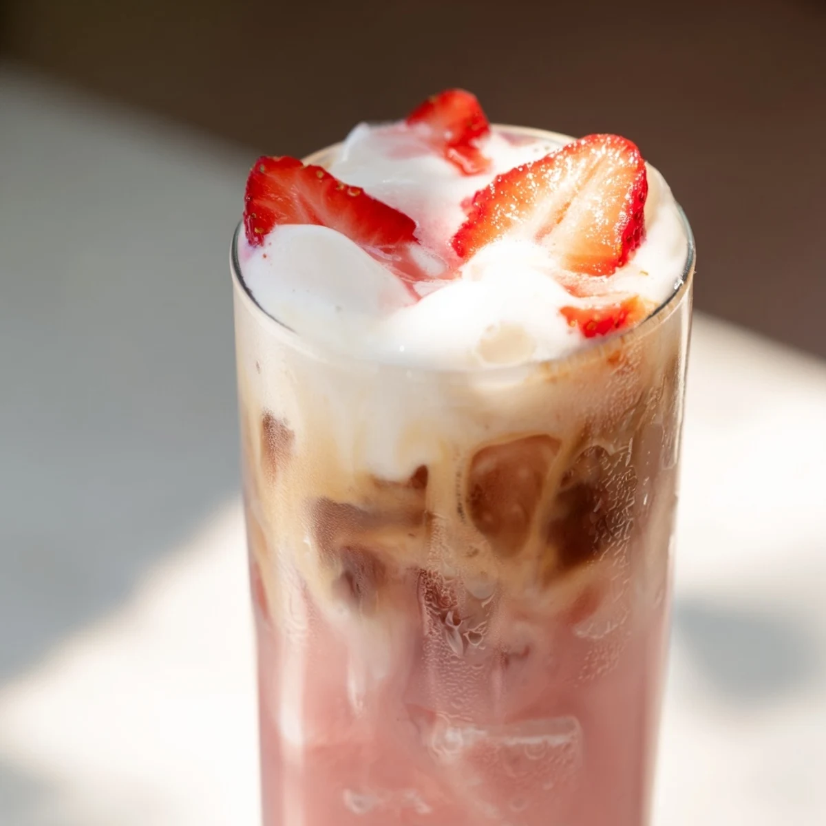 Creamy strawberry cold latte in a tall glass with swirled pink layers and ice