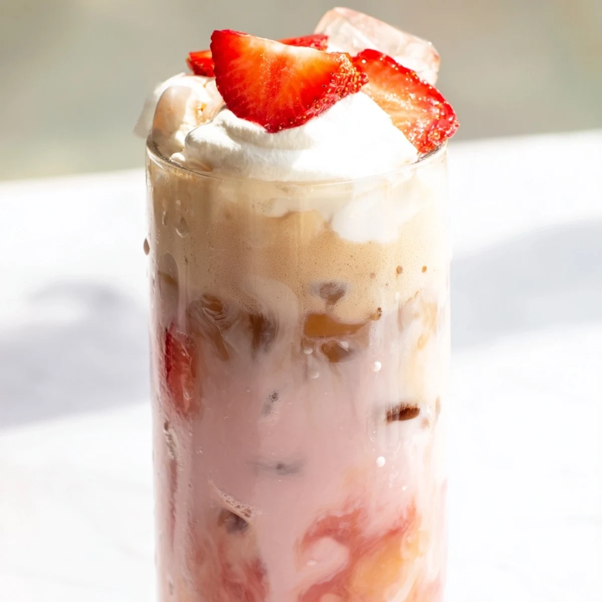 Iced strawberry cream latte topped with fluffy whipped cream and fresh berry garnish