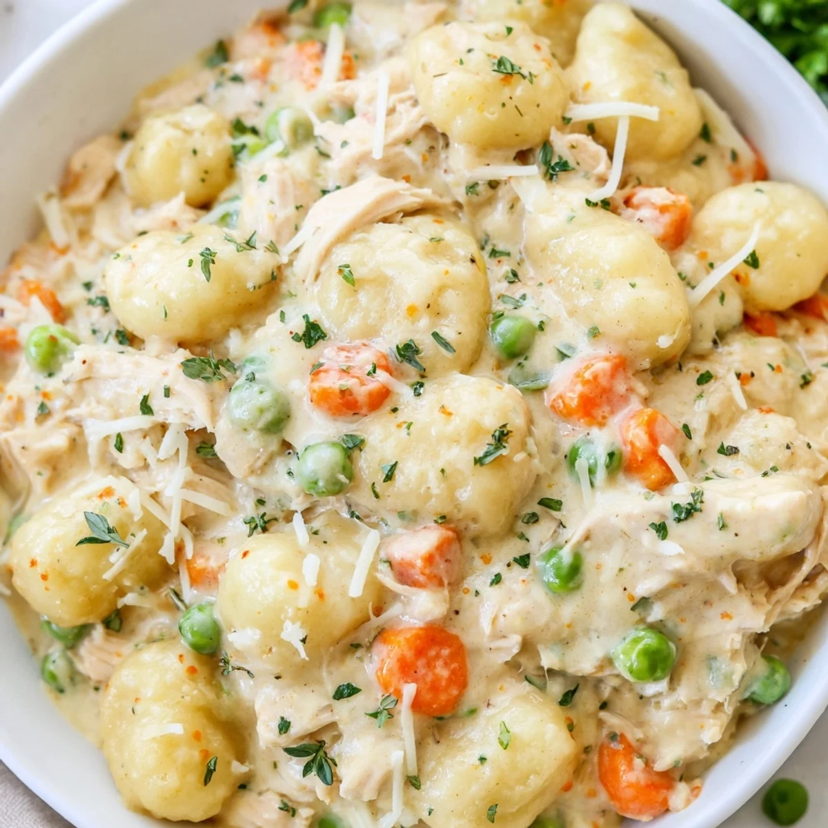 Creamy one pot gnocchi chicken pot pie with tender vegetables in a golden skillet