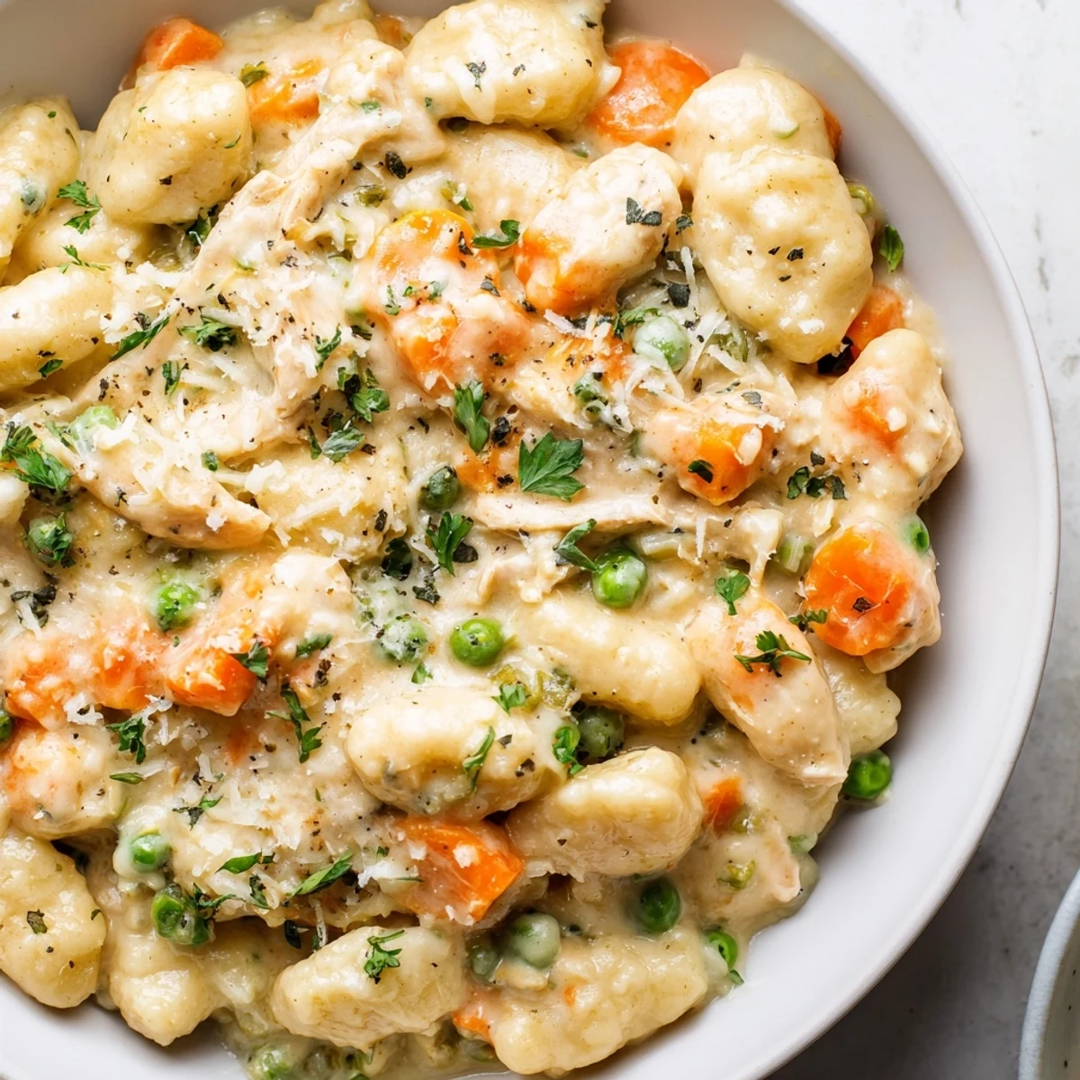 One pot gnocchi chicken pot pie bubbling with savory sauce and fresh parsley