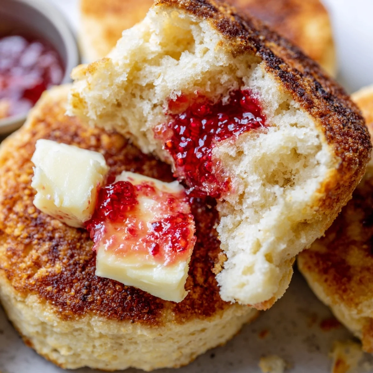 Golden brown homemade English muffins with cornmeal dusted crusts split open revealing airy nooks