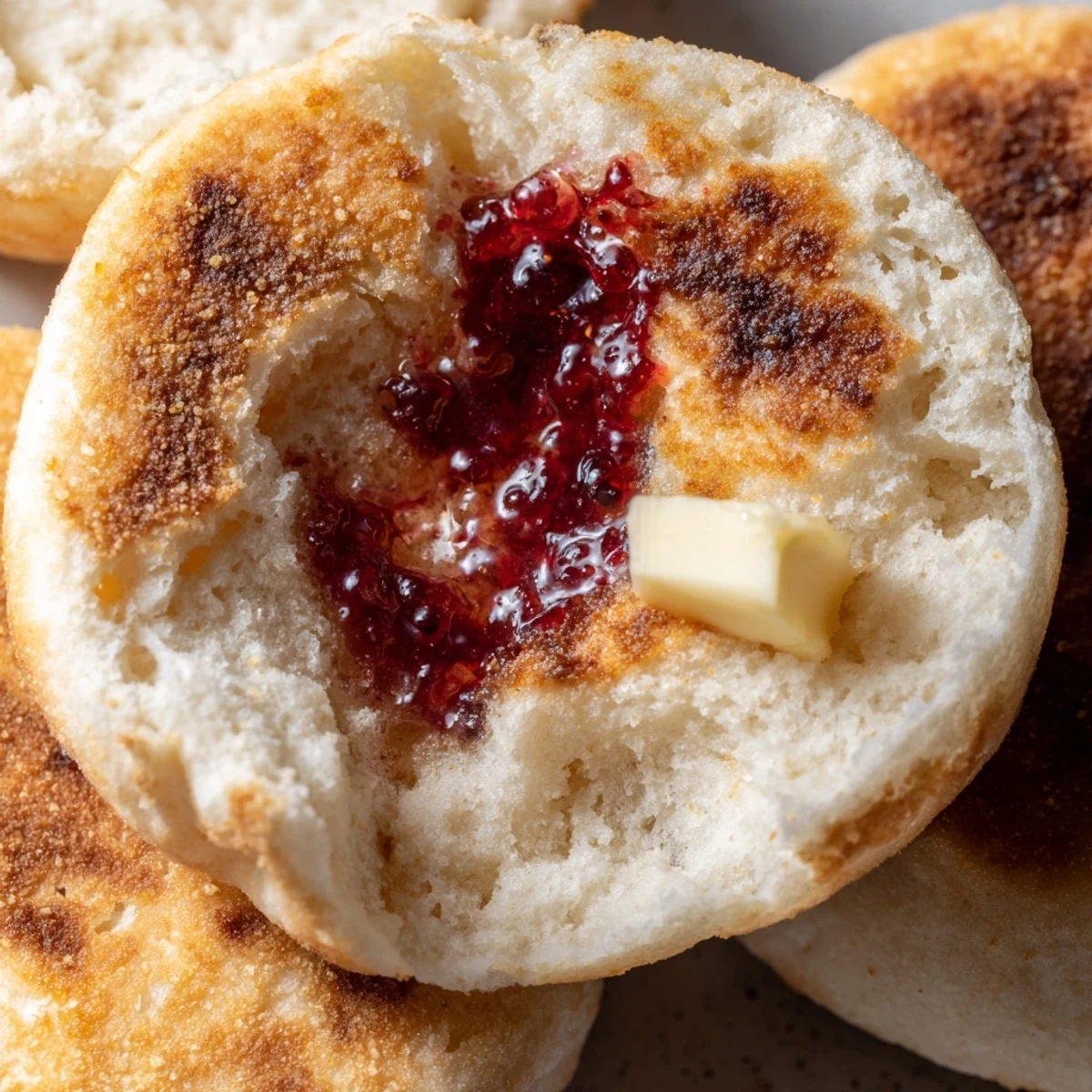 Soft homemade English muffins stacked on a plate ready for butter and jam toppings