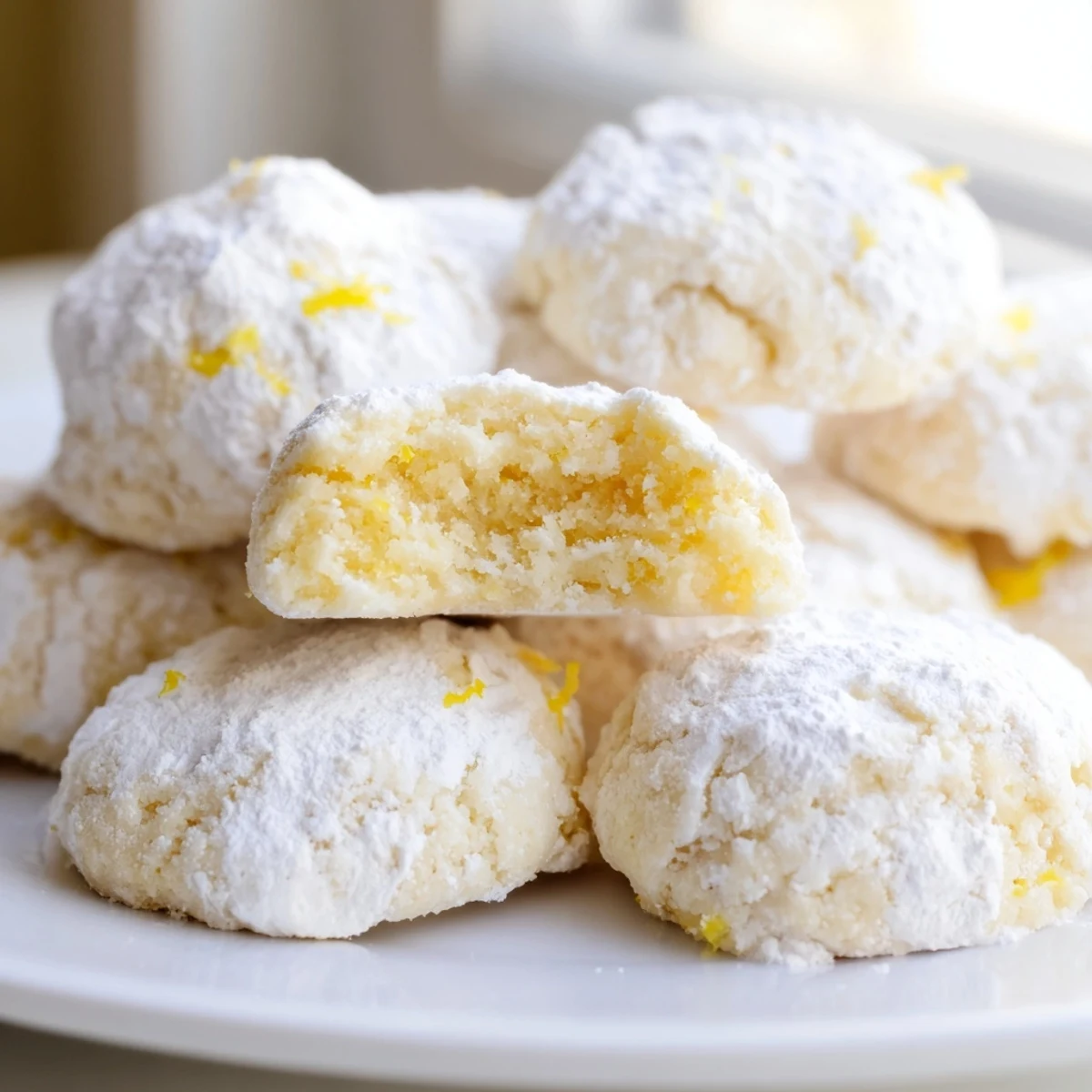 Powdered sugar dusted Lemon Meltaways arranged on a rustic white ceramic plate